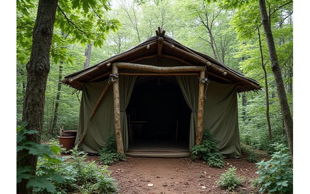 A rustic, well-constructed lean-to shelter made from natural materials in a forest.