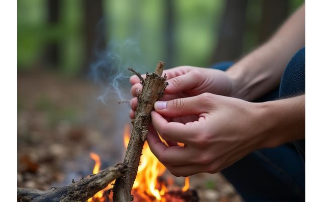 Hands building a small fire with kindling in a forest.